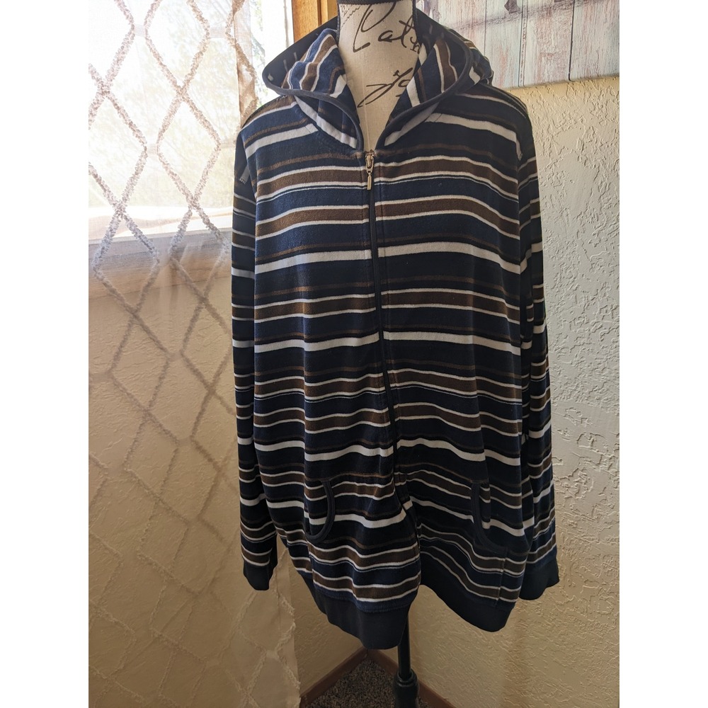 Massimo Women 2X Striped Velour Terry Cloth Full Zip Hoodie Navy Brown White